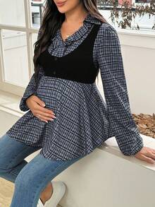 SHEIN Vintage Plaid Patchwork Long Sleeve Maternity Top, Fashionable Design, Suitable For Spring And Autumn Wear - Black - View 6