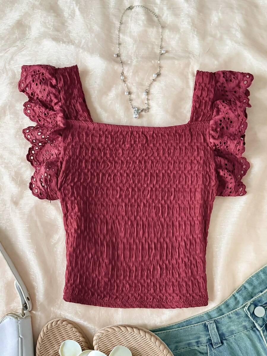 SHEIN Tween Girls' Casual Vacation Home Patchwork Embroidery Lace Trim Textured Knit Fitted Cropped Square Neck T-Shirt Square Neck Top Ruffle Top - Burgundy - View 1