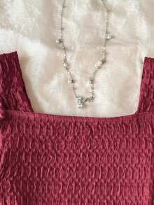 SHEIN Tween Girls' Casual Vacation Home Patchwork Embroidery Lace Trim Textured Knit Fitted Cropped Square Neck T-Shirt Square Neck Top Ruffle Top - Burgundy - View 3