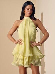 SHEIN BAE Váy ngắn không tay cổ nhún bèo màu trơn dành cho nữ - Vàng nhạt - Xem 5