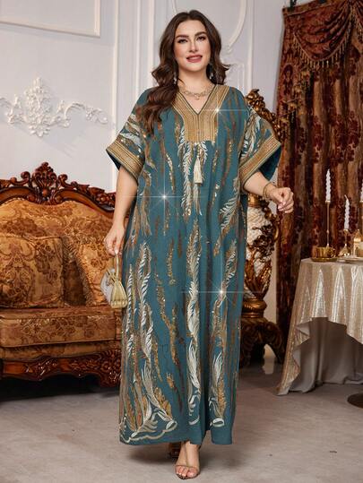 Al Najma Plus Size Women V-Neck Loose Luxurious Ribbon Tassel Heavy Beaded Embroidery Holiday Party Arabic Style Dress
