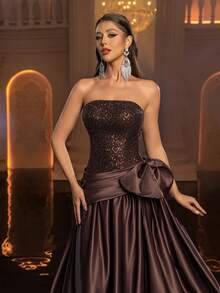 Glamrae 优雅、浪漫、高贵、奢华的咖啡色亮片缎面拼接褶裥装饰连衣裙，适合节日、度假、生日派对、婚礼、正式晚宴等场合。 - 咖啡棕 - 查看 5