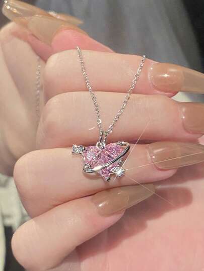 Pink Crystal Heart Pendant Necklace Dainty Sweet Girlfriend Gift Rose Gold Plated Adjustable Chain Delicate Jewelry For Women Birthday Present