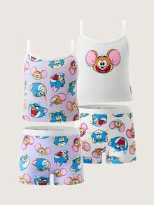 TOM & JERRY X SHEIN Tween Girl Soft & Cute Cartoon Pattern Camisole Top And Shorts Set - Purple - View 1