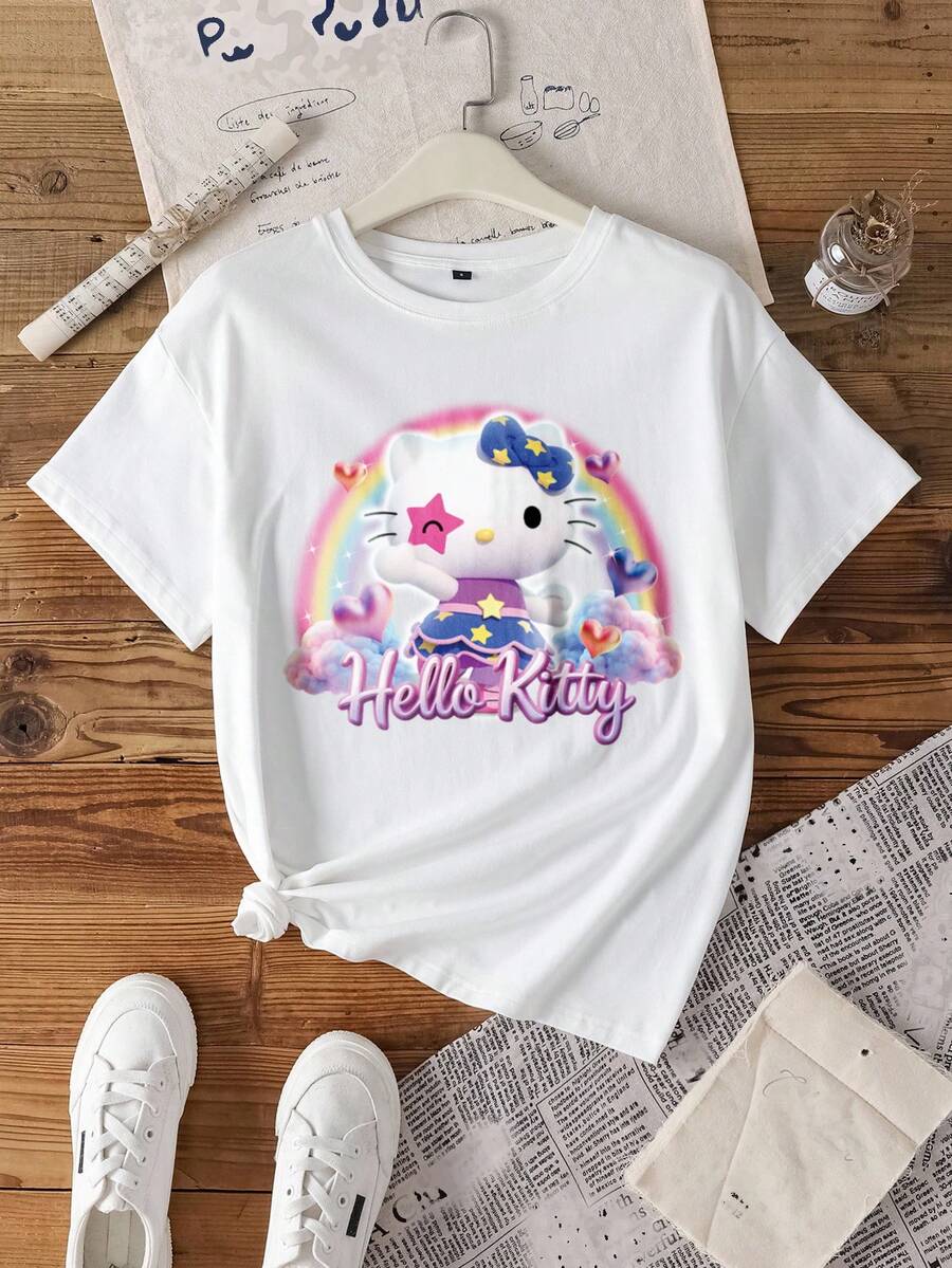 HELLO KITTY AND FRIENDS | SHEIN 女士休闲可爱卡通猫图案短袖T恤，夏季 - 白色 - 查看 1