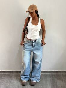 StreetHx Fashionable Casual Street Style Webbing Low-Waist Distressed Jeans