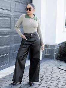 Melissa Matos Pantalon long femme vintage délavé à la mode Maillard - Noir - Voir 1