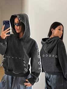 StreetHx Women's Dropped Shoulder Long Sleeve Casual Hooded Denim Jacket - Black - View 2