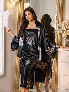 LuxeNights 两件套优雅中式缎面印花高开衩吊带连衣裙配蝴蝶结睡袍套装，女士 - 黑色 - 查看 7