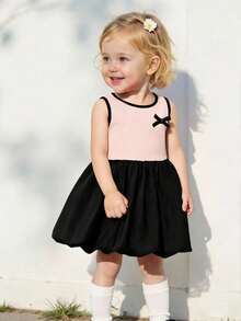 SHEIN Playful Pals 1pc Baby Girls Cute Pink And Black Colorblock Patchwork Ribbed Knit Bowknot Decor Sleeveless Round Neck High Waist A-Line Sundress For Party Summer - Multicolor - View 6