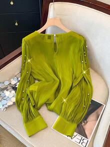 GlowEve CURVE Áo kiểu Pháp sang trọng đính cườm, màu trơn dành cho nữ, cỡ lớn. - màu xanh lá - Xem 2