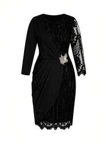 Ellevyn 大码女士优雅派对中长连衣裙 - 黑色 - 查看 10