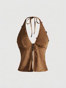 ROMWE Grunge Punk 朋克摇滚天后派对背心，节日音乐活动新年服装，露背性感亮片十字架吊坠女士背心，Y2K千禧年 - 香檳色 - 查看 2