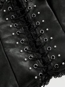 ROMWE Grunge Punk Y2K Sexy Metallic Lace-Up PU Patchwork Crop Top For Women - Black - View 3