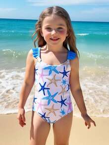 Sparklyn 女童海星印花连体泳衣，肩带荷叶边设计，时尚可爱，适合度假、游泳和夏季海滩穿着 - 藍色 - 查看 9