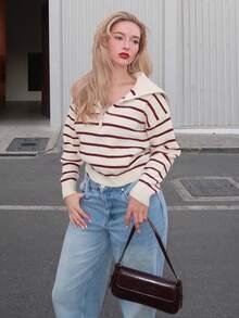 Turnttoni Pulover casual cu dungi, mânecă lungă și fermoar pe jumătate, toamnă