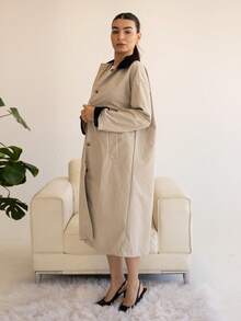 Andrea Bello Abrigo largo de mujer con bloques de color contrastante, ropa de otoño, ropa de vuelta al colegio - Beis - Ver 3