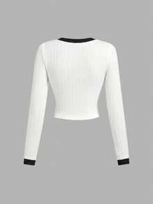 SHEIN MOD 女士白色短款圆领长袖针织上衣，金属纽扣装饰，长袖衬衫， - 白色 - 查看 2