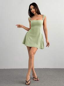 SHEIN PETITE 女士约会派对纯色红色迷你A字领丰满方领性感优雅收腰连衣裙 - 薄荷綠 - 查看 4