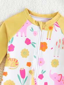 SHEIN 女童可爱动物园印花长袖连体泳衣，防晒，夏季 - 黃色 - 查看 3