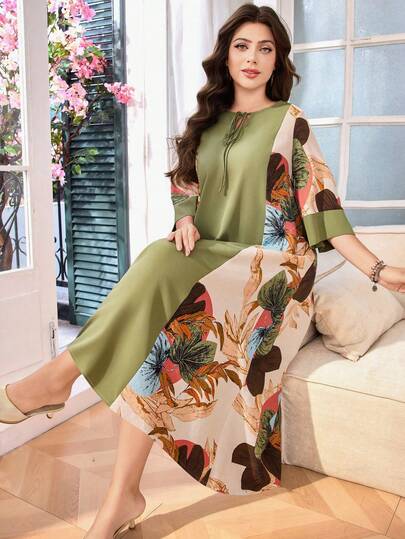 Lacomfia فستان كاجوال متوسط الطول بياقة مستديرة وأكمام ثلاثة أرباع مرسوم بنقشات زهرية ومرخي بسحاب