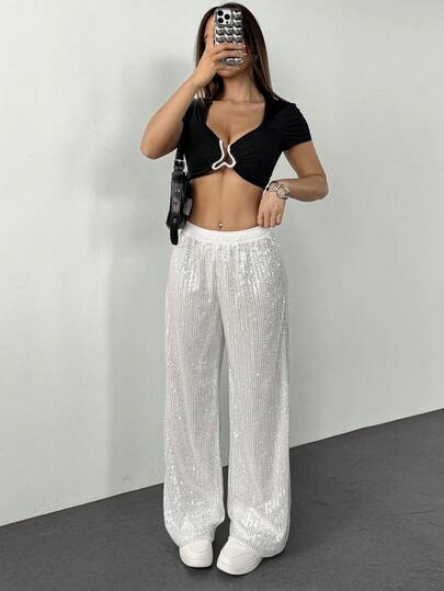 SHEIN PETITE Pantalones rectos con cintura elástica y lentejuelas, de moda casual y elegante para fiestas