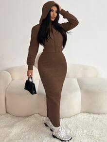 Chiquease 两件套女士休闲连帽拉链外套，收腰设计，弹性针织露背连衣裙，保暖内衬，适合秋冬季节穿着。 - 棕色 - 查看 5