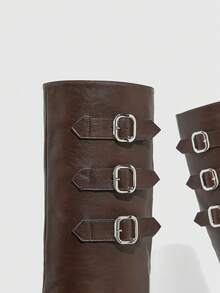 Botas altas hasta la rodilla de tacón alto, de uso diario y versátiles, con diseño de hebilla y punta puntiaguda para mujer - Café integral - Ver 11