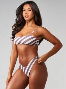 MISSGUIDED Two Piece Diagonal Stripe Print Bikini Set With Spaghetti Straps And Triangle Bottom For Summer Beach Vacation - Multicolor - View 4