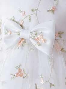 Glamorique Kids 女婴花卉刺绣缎面网纱露背蝴蝶结装饰高腰无袖连衣裙，女婴生日派对婚礼宾客优雅公主风长裙 - 米色 - 查看 4