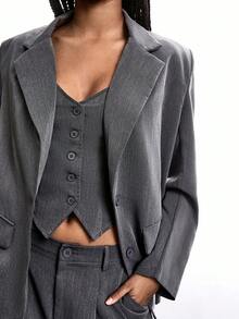 SHEIN EZwear 2pcs/Set Women Plain Front Button Long Sleeve Pocket Revere Collar Top & Pants Casual Suit In Fall/Winter - Grey - View 8