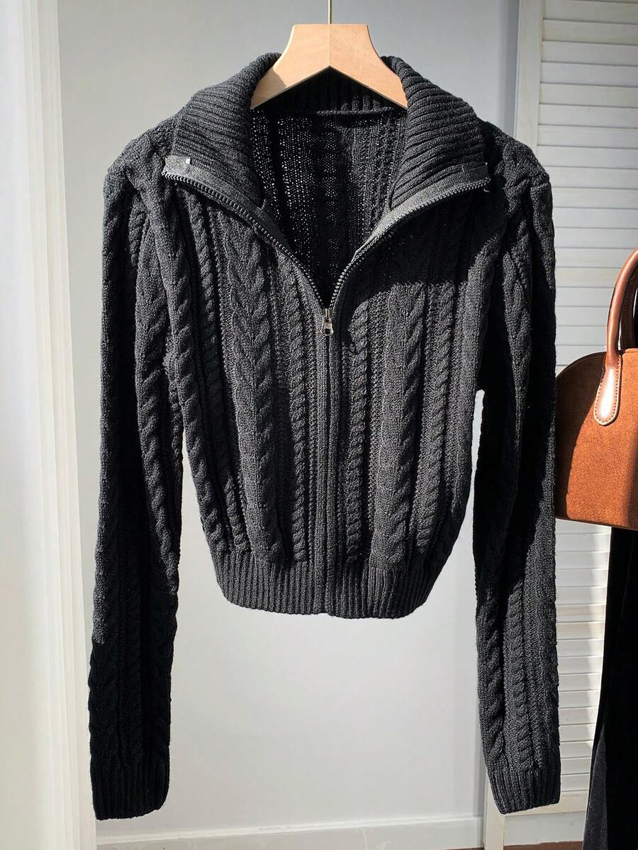 SHEIN EZwear Áo cardigan nữ cổ đứng tay dài màu đen trơn, kiểu dáng thường ngày, thích hợp mặc mùa thu/đông. - màu đen - Xem 1