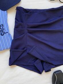 SHEIN EZwear 夏季服装 黑色纯色高腰开衩下摆短裙 - 藏蓝色 - 查看 5