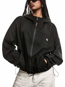 LYSMO 秋冬季字母拼接细节落肩拉链连帽外套 - 黑色 - 查看 5