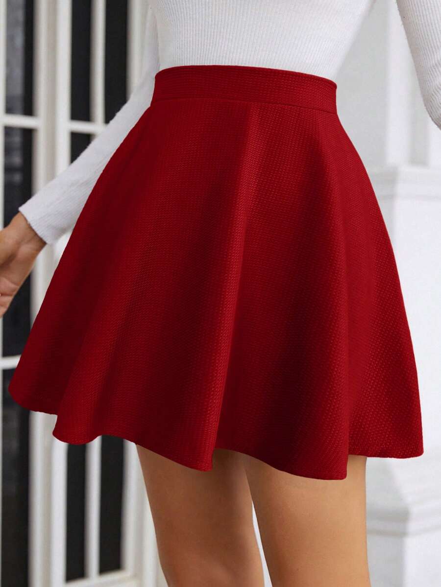 SHEIN Frenchy Women's Casual Everyday Office Commute Solid Color Umbrella Hem Short Skirt, Summer Spring - Red - View 1