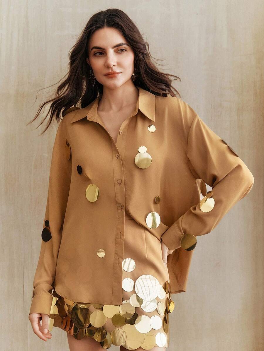 Anewsta Camisa de gasa con bordado de lentejuelas plateadas hecha a mano, primavera - Camel - Ver 1