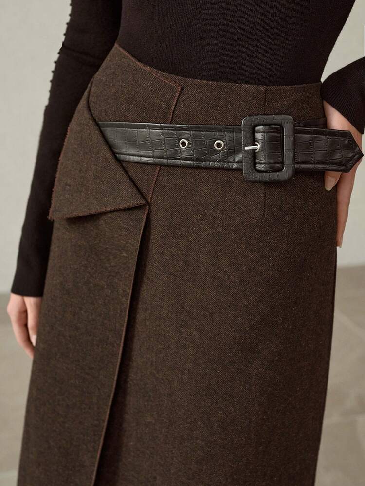 WOMEN'S ASYMMETRIC HEM BELTED DECOR SKIRT