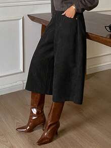 DAZY 女士纯色灯芯绒七分休闲复古裤，秋冬季Y2K风格 - 深灰色 - 查看 4