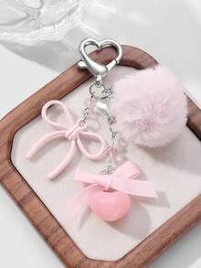 ROMWE Kawaii 1件甜美简约少女风白色仿珍珠、粉色仿水晶、镂空针织蝴蝶结、树脂爱心吊坠DIY钥匙扣、包包挂饰、杯挂、手机挂饰，附赠手机支架贴纸，适合女性和女孩，精美礼物