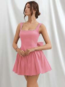 L'Amorae 女士连衣裙，后背饰有串珠蝴蝶结，低圆领露背设计，方领 - 藕粉色 - 查看 4