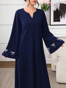 Al Najma Women's Blue Twist Long Sleeve Bubble Pearl Elegant Arabic Dress, Autumn/Winter - Blue - View 1