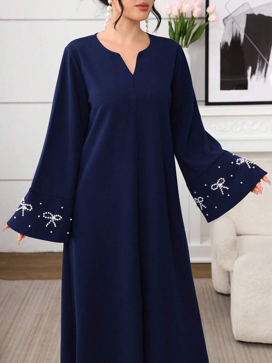Al Najma Women's Blue Twist Long Sleeve Bubble Pearl Elegant Arabic Dress, Autumn/Winter - Blue - View 1