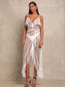 Glamine Đầm lưới xuyên thấu thanh lịch, gợi cảm chấm bi, dây mảnh, viền bèo nhún dành cho nữ. - trắng - Xem 2