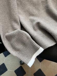 SHEIN PETITE CURVE Plus Size Casual Contrast Color Drop Shoulder Long Sleeve Pullover Sweater - Khaki - View 6