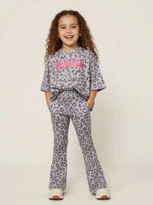 两件套儿童女童休闲舒适印花圆领短袖T恤和喇叭裤套装，适合上学、花园、海滩、生日、春季、夏季、秋季和冬季穿着。 - 彩色 - 查看 1