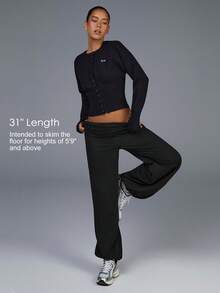 Menodora SHEIN Sport Quần dài nữ dáng rộng, màu trơn, xếp ly eo, dây rút thông thường - màu đen - Xem 1