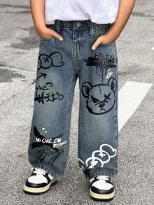 SHEIN Young BoyBear Graffiti Pattern Blue Loose Fit Jeans - Light Wash - View 4