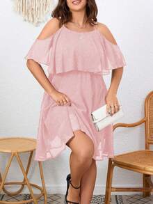 Flouryn 大码优雅纯色露肩吊带连衣裙，夏季 - 淺粉色 - 查看 4