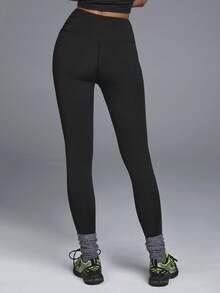 Menodora SHEIN Sport 女士休闲纯色收腹瑜伽运动裤 - 黑色 - 查看 2