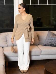Melissa Matos Wrap Knot Side Sweater,Long Sleeve Tops, Fall And Winter, Elegant, Camel, Longsleeve,Bandage - Khaki - View 3